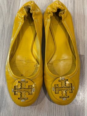 Tory Burch Mustard Yellow Patent Leather Logo Ballet Flats